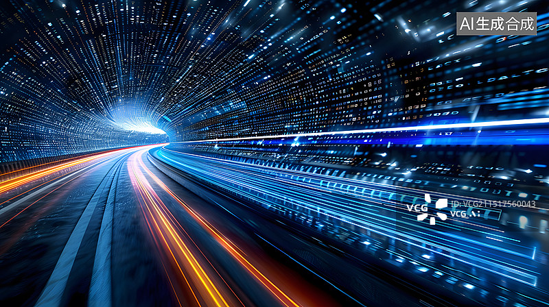 【AI数字艺术】光子效果的时空隧道，城市道路科技概念背景图，速度感的光轨图片素材