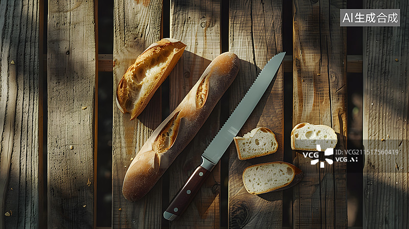 【AI数字艺术】桌子上面包和刀的特写镜头图片素材