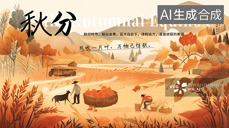 【AI数字艺术】金秋十月丰收的季节 正在秋收的人们 丰收的农田中的农民 粮食大丰收插画海报模版 横版图片素材