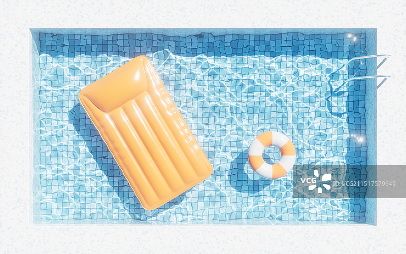 游泳池里漂浮的气垫床三维渲染图片素材