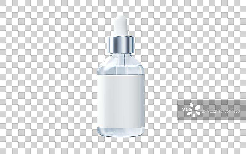 透明护肤品瓶子与滴管三维渲染图片素材