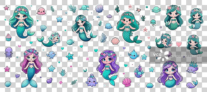 可爱小美人鱼卡通贴纸包图片素材