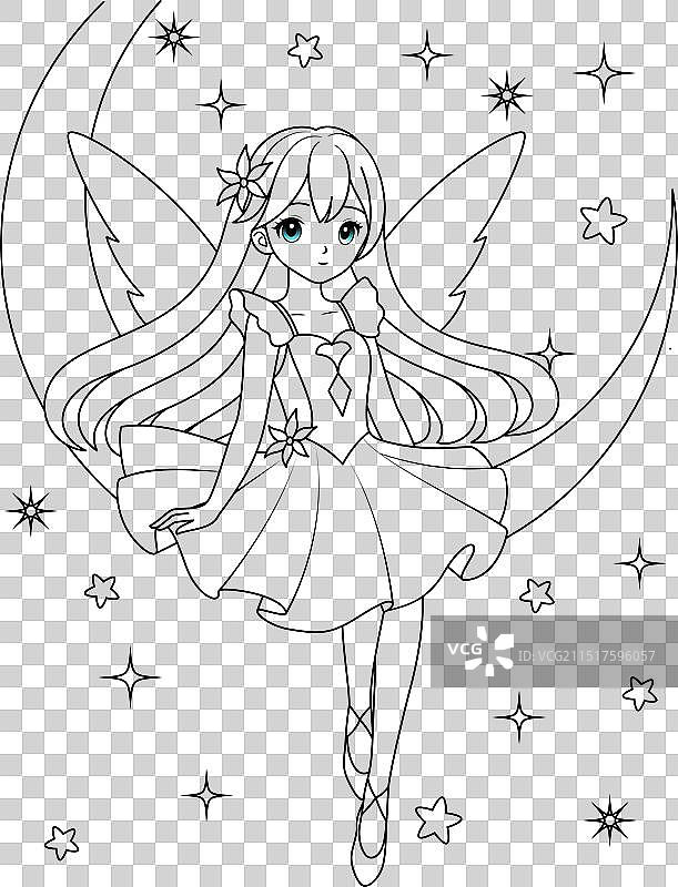 可爱卡通仙女坐在月亮上轮廓图片素材