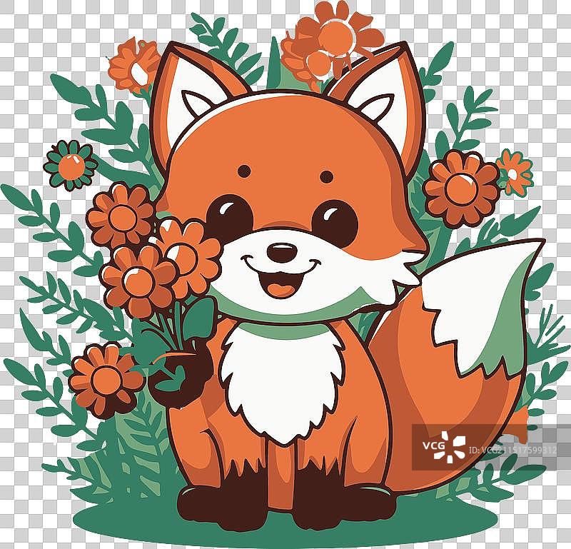 抱着鲜花的可爱狐狸（漫画风格）图片素材