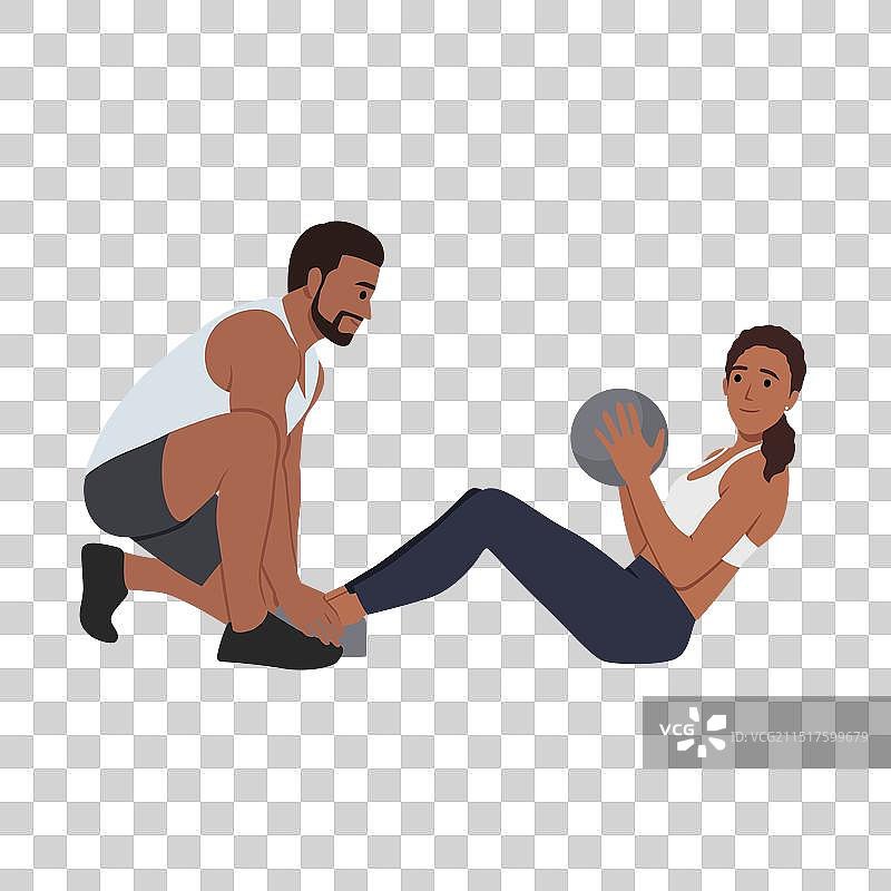 年轻夫妇用健身球做仰卧起坐图片素材