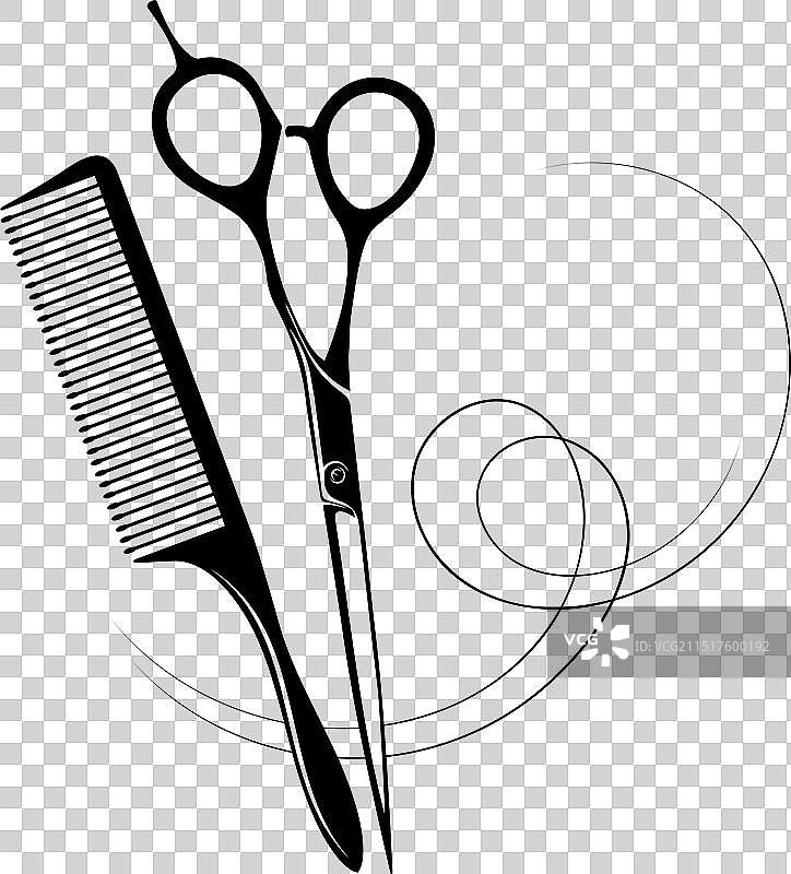 剪刀、梳子和美丽卷发设计图片素材