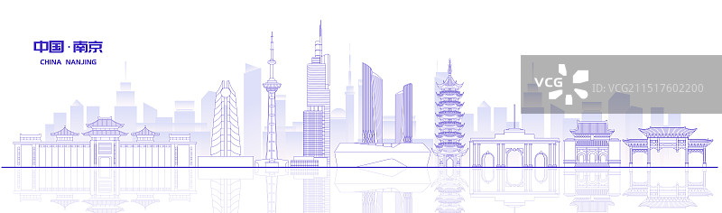 现代南京城市地标建筑紫色线稿矢量插画海报图片素材