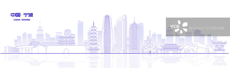 现代宁波城市地标建筑紫色线稿矢量插画海报图片素材