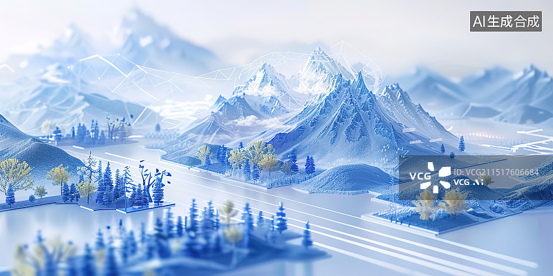 【AI数字艺术】信息可视化图表模板背景设计素材，寒冷冬季街景道路地形地图雪山冰川植被树木图片素材