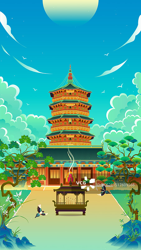 山西应县木塔古建筑国潮插画图片素材