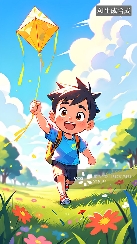 【AI数字艺术】户外草原放风筝的男孩插画图片素材