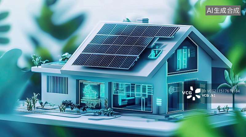 【AI数字艺术】家用新能源太阳能发电三维插画图片素材