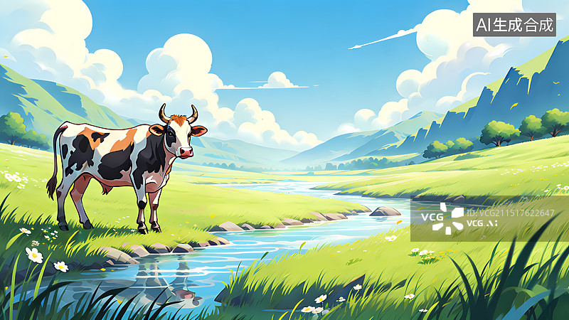 【AI数字艺术】春天牧场牛插画图片素材