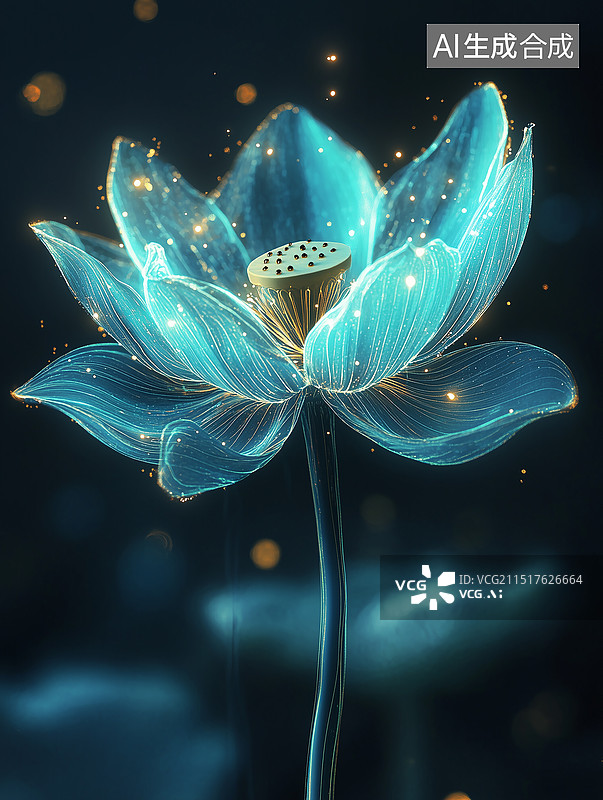 【AI数字艺术】一朵透明发光的水晶荷花，散发着金色光点，发光的荷花莲花 竖版图片素材
