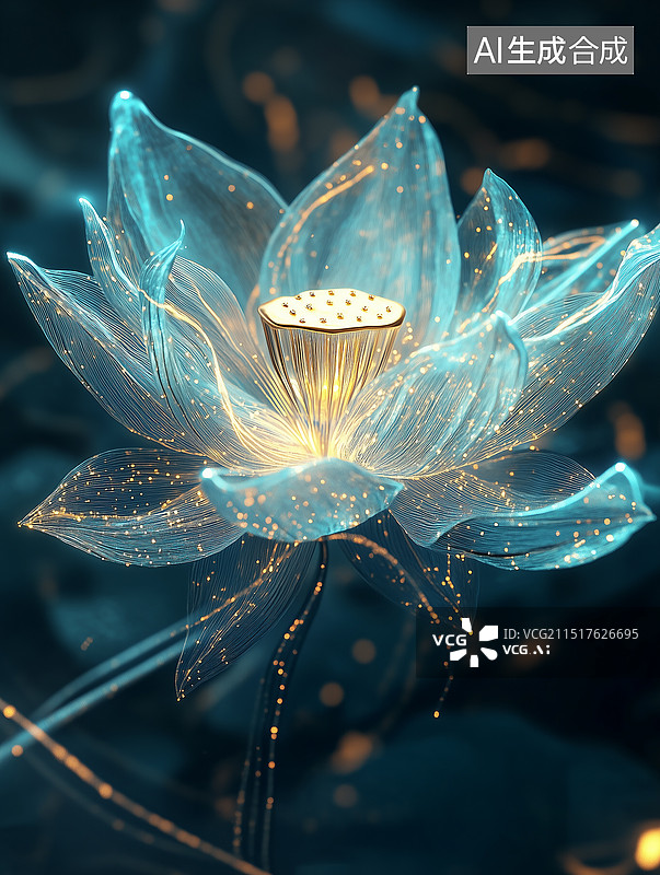 【AI数字艺术】一朵透明发光的水晶荷花，散发着金色光点，发光的荷花莲花 竖版图片素材