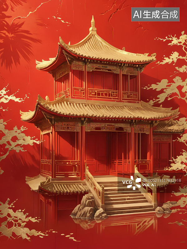【AI数字艺术】金丝插画古建筑图片素材
