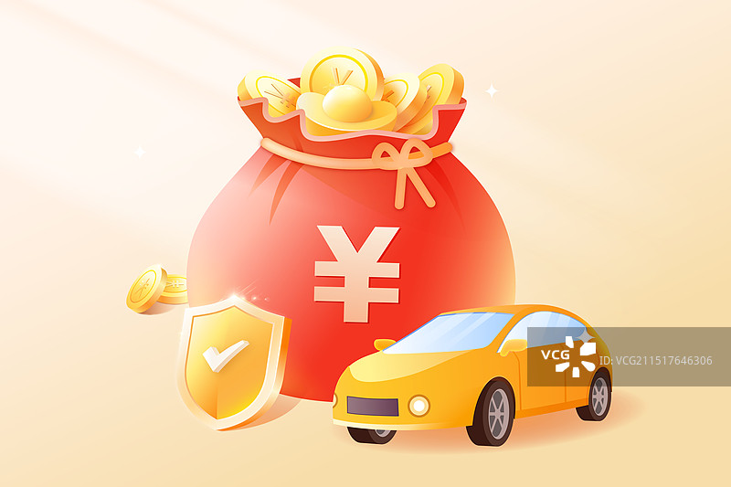 钱袋子和汽车盾牌保护3d矢量插图图片素材