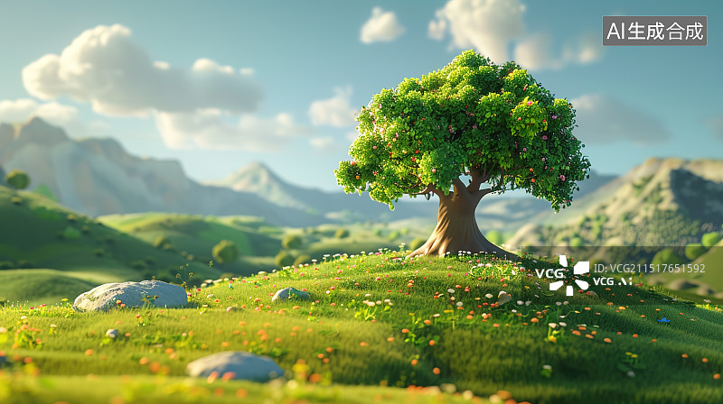 【AI数字艺术】梦幻草原上的小屋图片素材