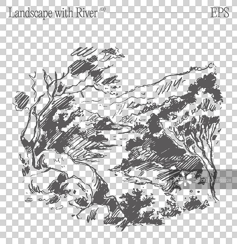 树木与河岸山坡景观图片素材