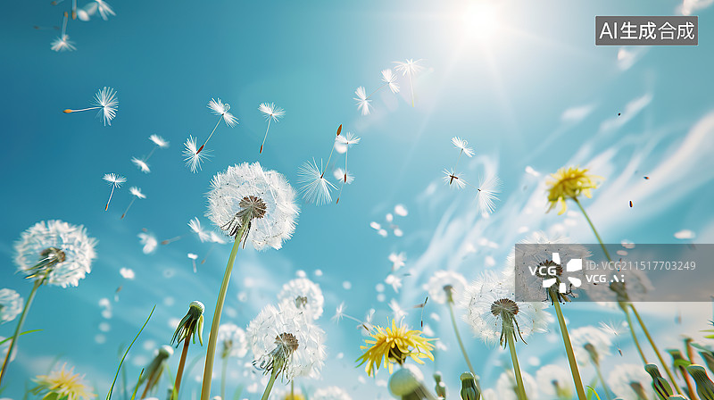 【AI数字艺术】蓝天背景下飞舞的蒲公英图片素材