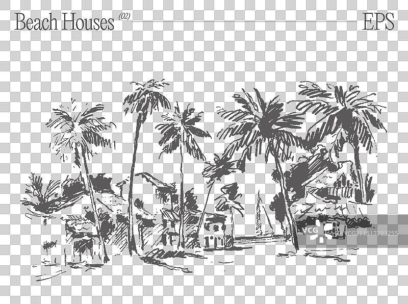 海岸线上的海滩小屋草图图片素材