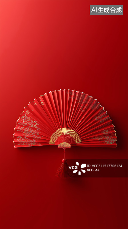 【AI数字艺术】红色背景上的中式扇子图片素材