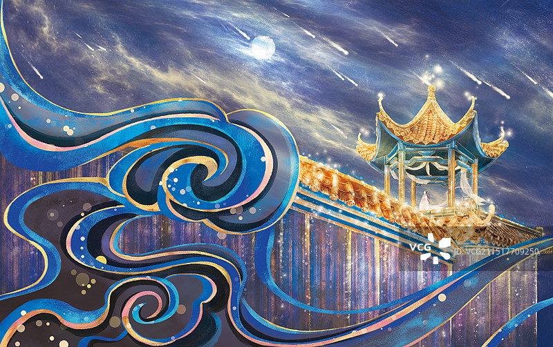 楼阁亭台古风女子观星图片素材