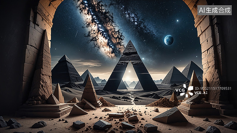 【AI数字艺术】神秘金字塔夜景图片素材