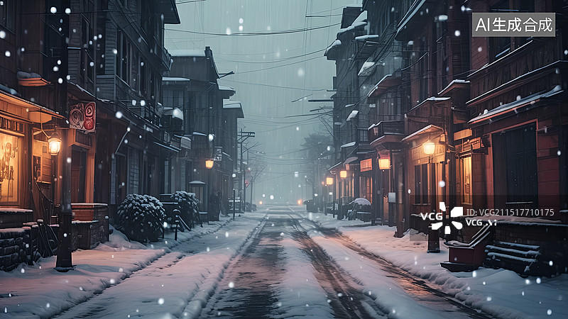 【AI数字艺术】下雪天气宁静的街道夜晚图片素材