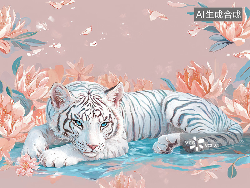 【AI数字艺术】白虎与鲜花图片素材