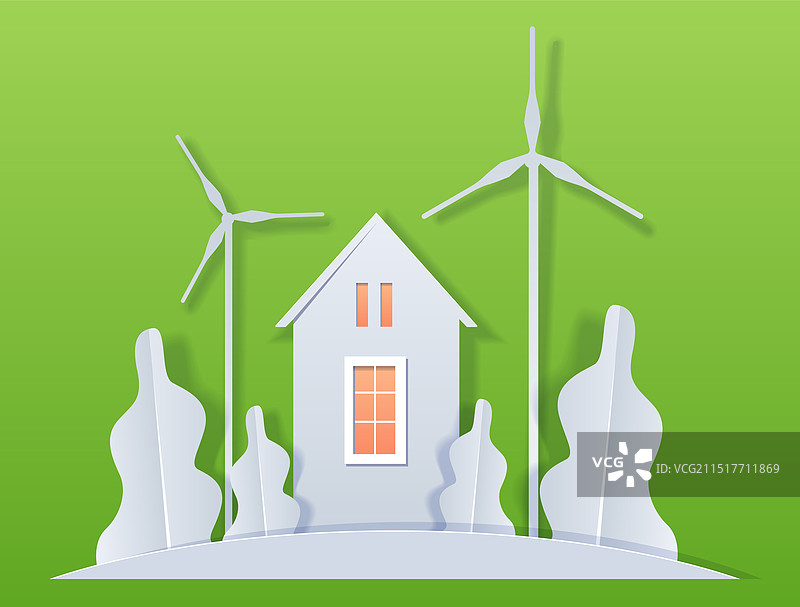 带有风力涡轮机的房子，可再生能源概念图片素材
