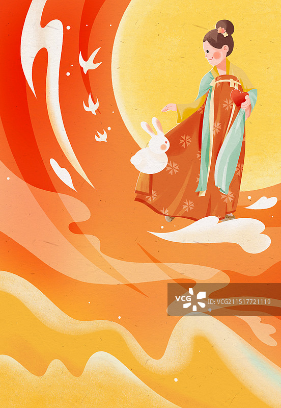 扁平风肌理插画古代仙女中秋嫦娥奔月图片素材