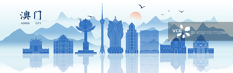 澳门城市地标建筑国风水墨山水矢量插画海报图片素材