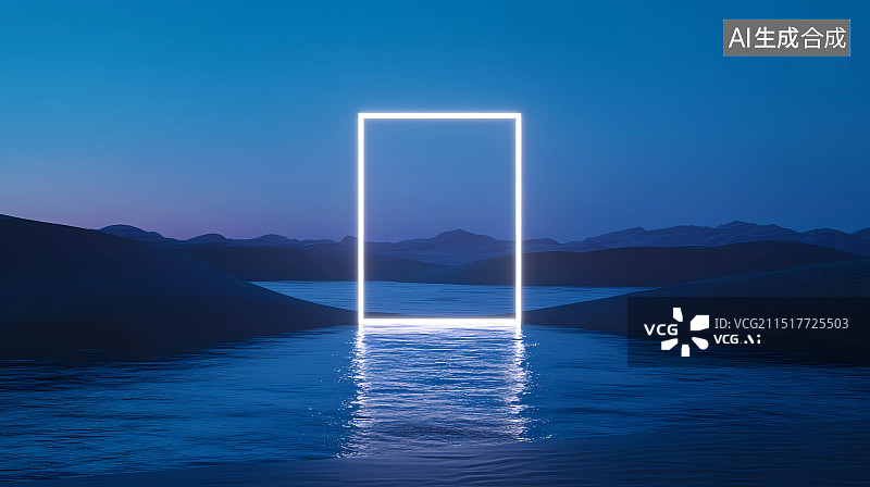 【AI数字艺术】沙漠上的发光门框科技概念图图片素材