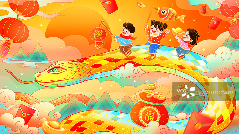 国潮中国风蛇年福娃贺岁插画图片素材