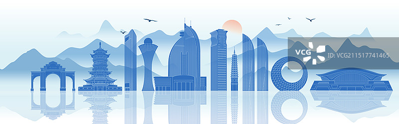 厦门城市地标建筑国风水墨山水矢量插画图片素材