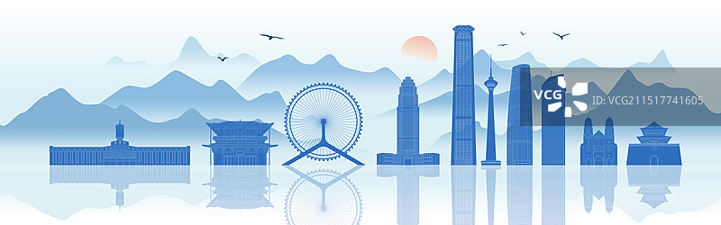 天津城市地标建筑国风水墨山水矢量插画图片素材