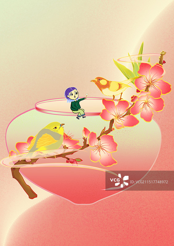 红色背景盛开桃花旁边的小女孩在逗鸟图片素材