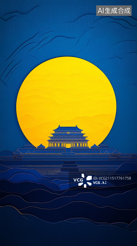 【AI数字艺术】克莱因蓝背景下极简夜景，黄色大圆月与北京故宫剪影图片素材