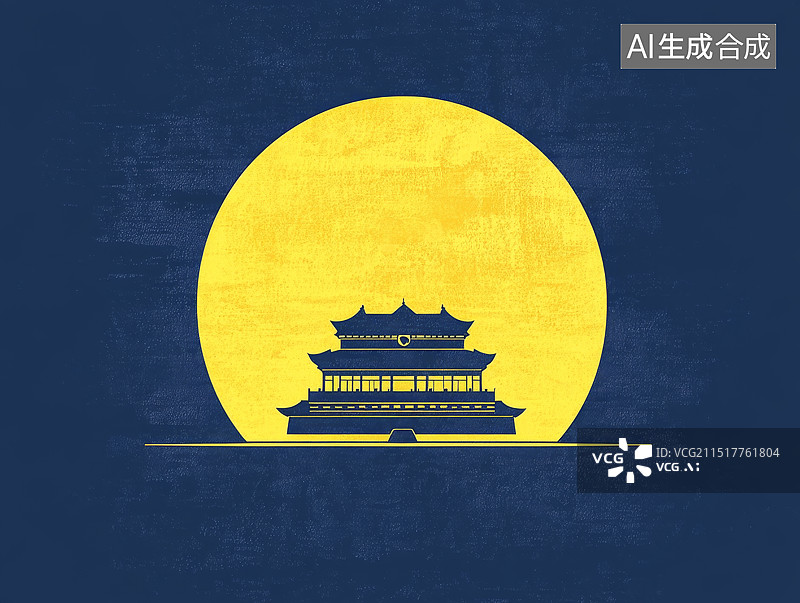 【AI数字艺术】克莱因蓝背景下极简夜景，黄色大圆月与北京故宫剪影图片素材