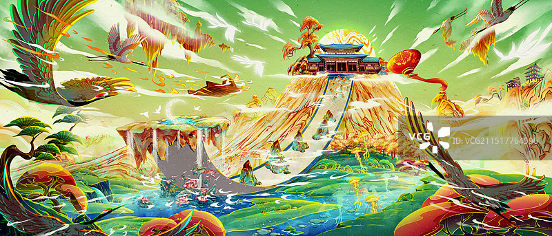 国风绿色氛围感自然唯美插画图片素材