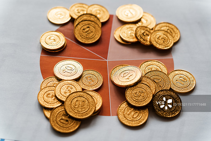 代表股市投资理财的算盘硬币计算器放大镜特写图片素材