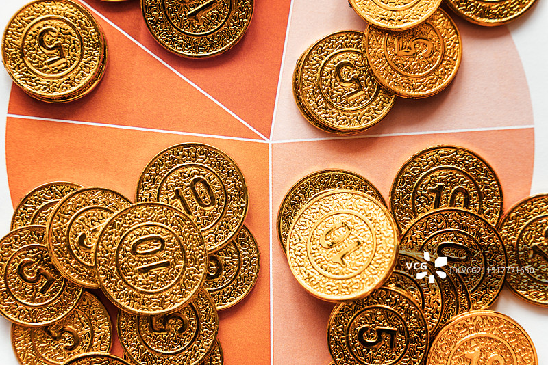 代表股市投资理财的算盘硬币计算器放大镜特写图片素材