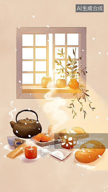 【AI数字艺术】中国风围炉煮茶水墨插画图片素材