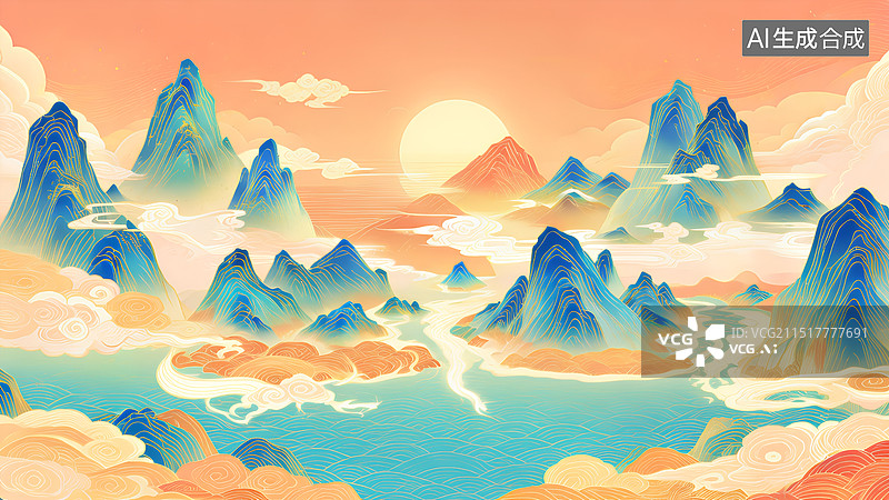 【AI数字艺术】国潮风插画 千里江山图旭日东升图片素材