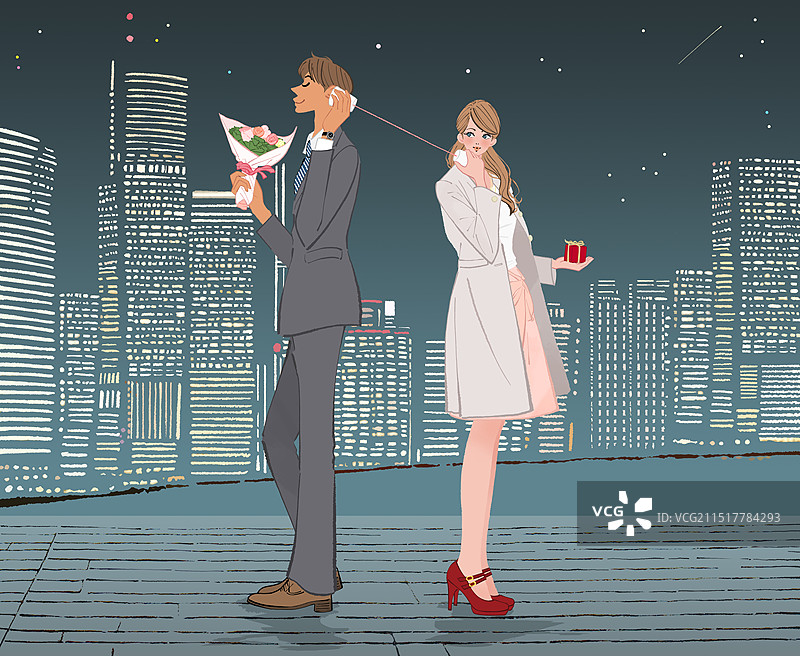 情侣在情人节用绳线电话交谈，手持礼物和花束图片素材