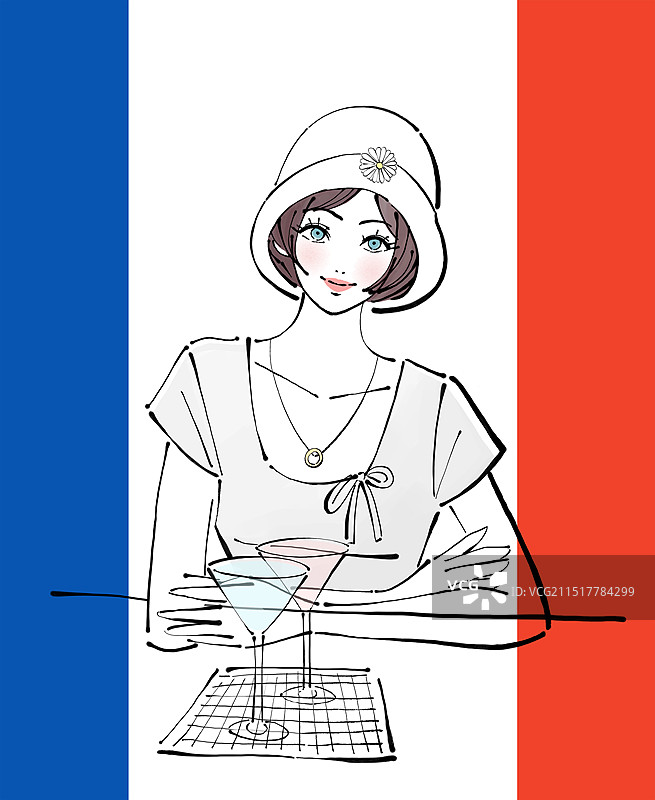 戴着帽子的短发女士在巴黎喝鸡尾酒图片素材