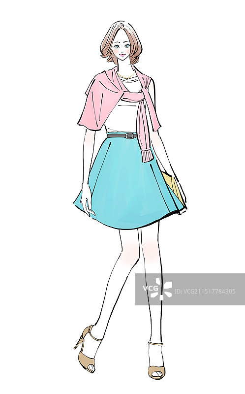 一位女士在春天穿着迷你裙，肩上披着开衫图片素材