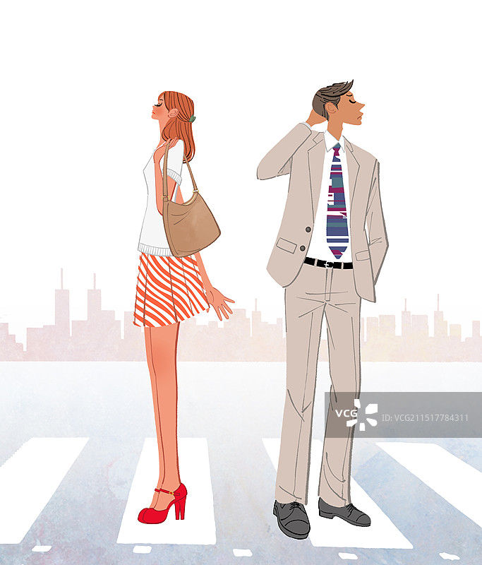 一对情侣在人行天桥上争吵图片素材