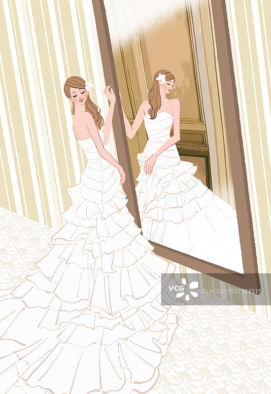 婚礼前，身穿婚纱照镜子的新娘图片素材